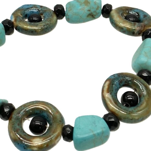 Turquoise Stone Bohemian Bracelet Ceramic Donut Resin Beaded Bracelet - Picture 13 of 16